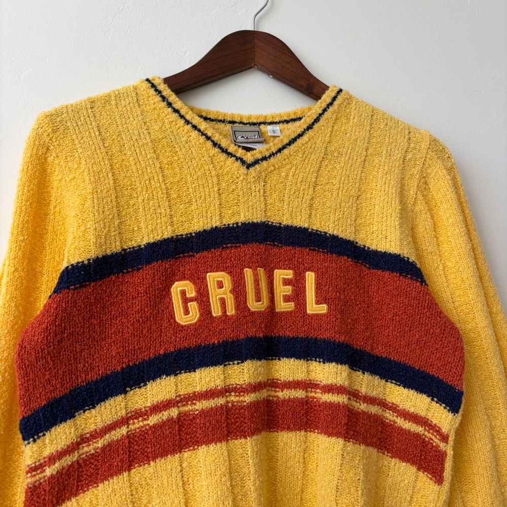 Cruel Girl Vintage Y2K Yellow Striped Chenille V-Neck Sweater Small